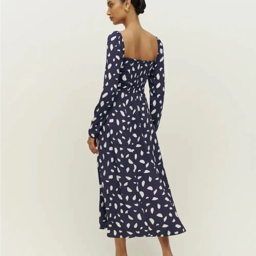 Reformation sigmund midi Navy and White Long Sleeve Dres - Picture 3 of 12